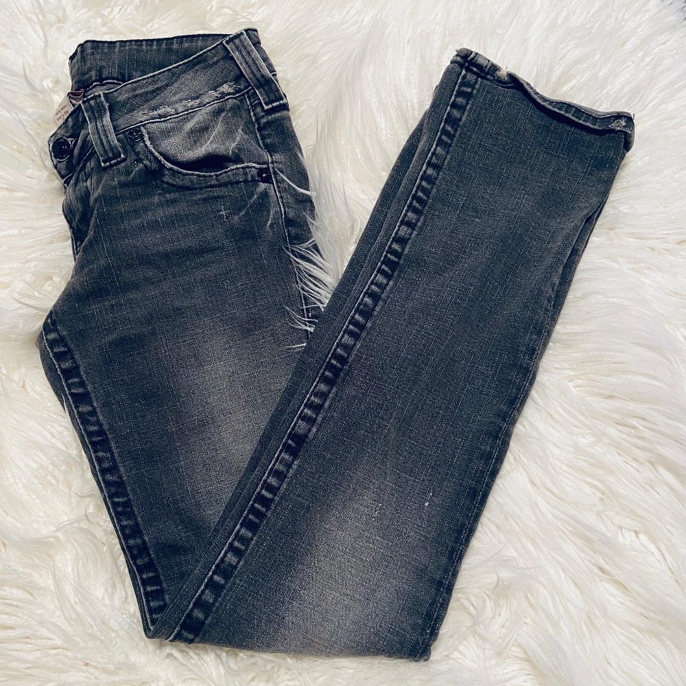 True Religion distressed gray straight leg jeans